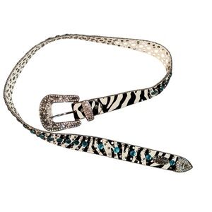 ATLAS western rodeo ladies belt Embellished sky blue stones/zebra print leatherL